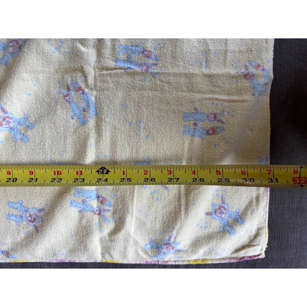 Vintage Yellow Baby Blanket Flannel Receiving Swaddle Blue Character Print Rare